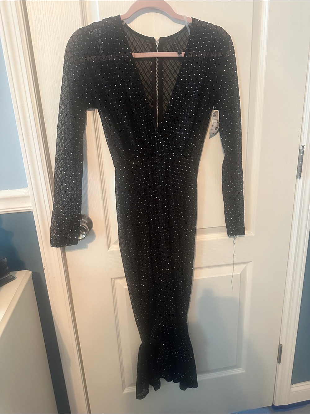 Black Long-Sleeve V-Neck Beaded Evening Dress